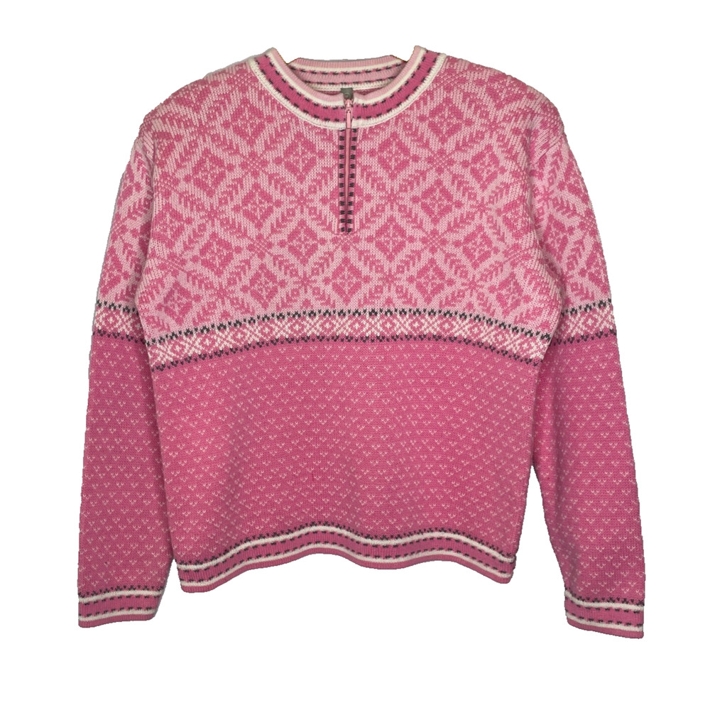 Womens Medium Hanna Andersson Pink Fair Isle Quarter Zip Cotton Pullover Sweater